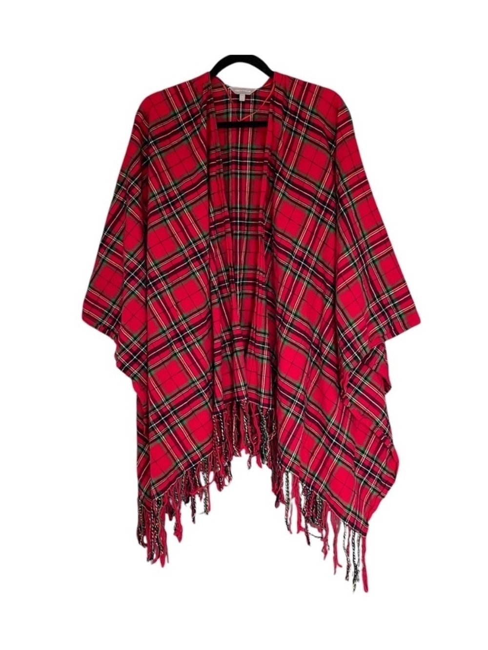 LORD & TAYLOR Cotton Plaid Tartan Long Serape Poncho Wrap Red L/XL